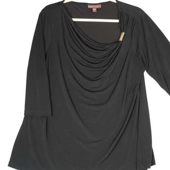 Dana Buchman Tunic Blouse Womens XL Black Draped Neckline Gold Detail Stretch - Picture 1 of 9